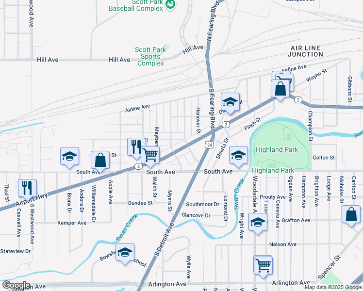 map of restaurants, bars, coffee shops, grocery stores, and more near 2048 Airport Highway in Toledo