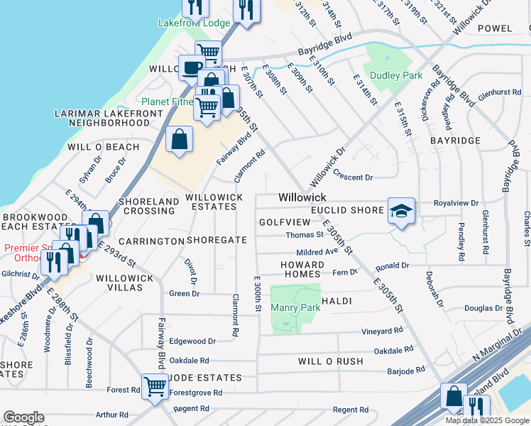 map of restaurants, bars, coffee shops, grocery stores, and more near 30208 Royalview Drive in Willowick