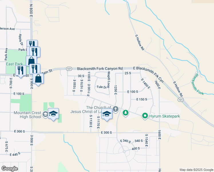 map of restaurants, bars, coffee shops, grocery stores, and more near 1197 Tule Drive in Hyrum
