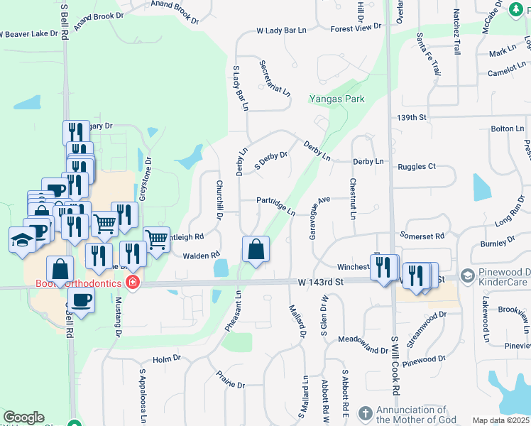 map of restaurants, bars, coffee shops, grocery stores, and more near 14121 Pheasant Lane in Orland Park