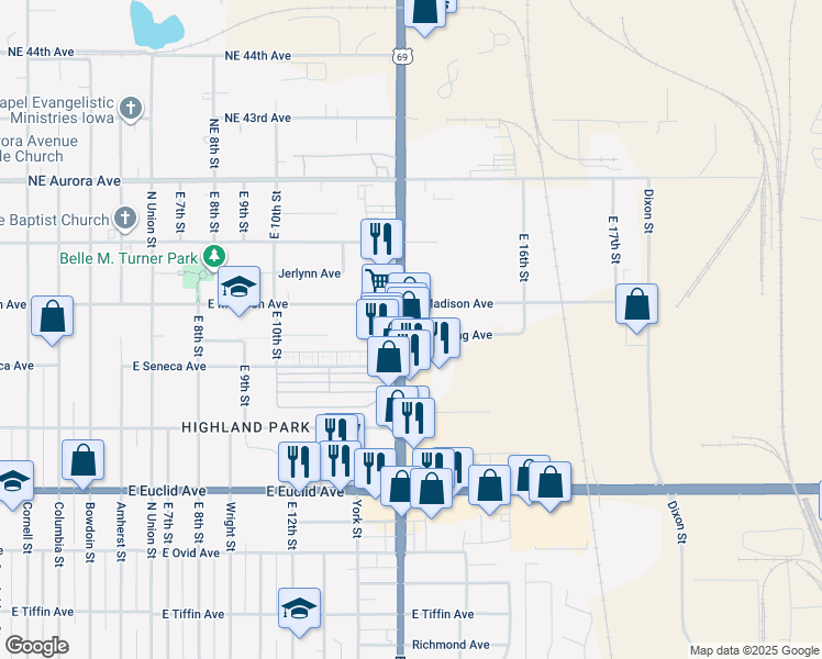 map of restaurants, bars, coffee shops, grocery stores, and more near 3929 East 14th Street in Des Moines