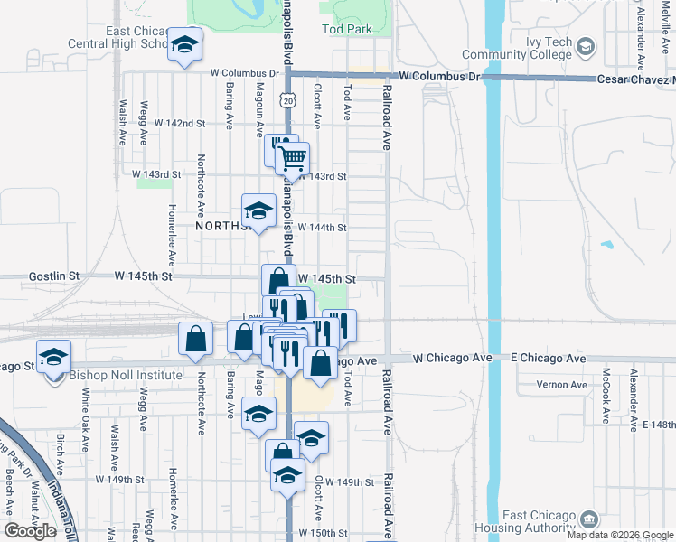 map of restaurants, bars, coffee shops, grocery stores, and more near 608 West 145th Street in East Chicago