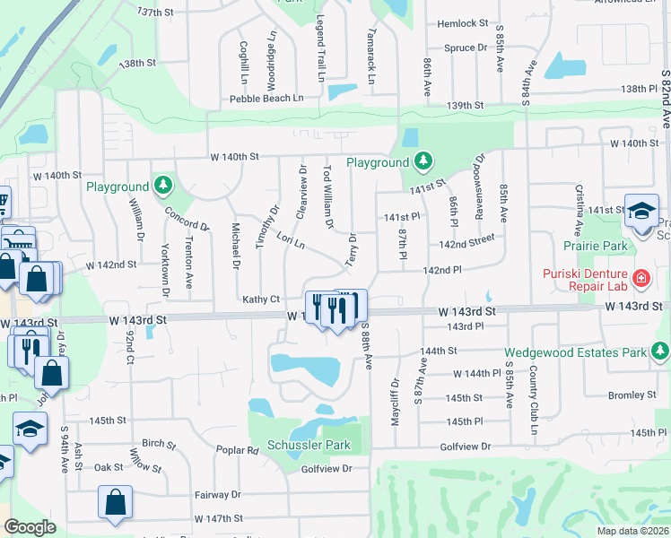 map of restaurants, bars, coffee shops, grocery stores, and more near 8824 Terry Drive in Orland Park