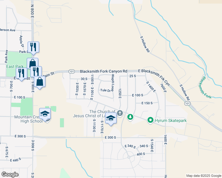 map of restaurants, bars, coffee shops, grocery stores, and more near 1197 Tule Drive in Hyrum