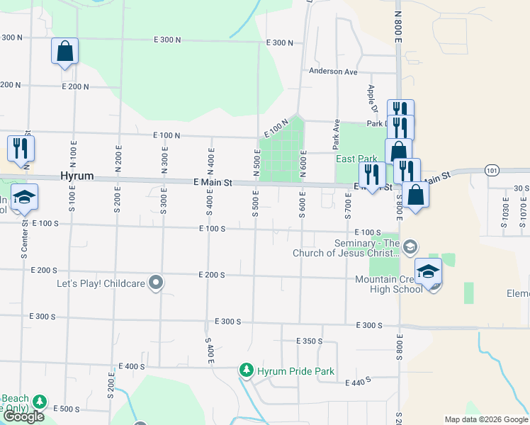map of restaurants, bars, coffee shops, grocery stores, and more near 65 South 500 East in Hyrum