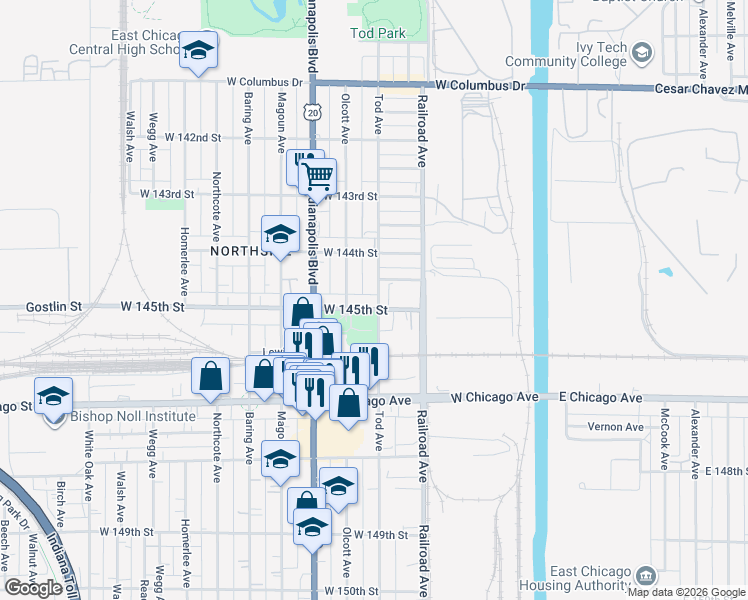 map of restaurants, bars, coffee shops, grocery stores, and more near 608 W 145th St in East Chicago