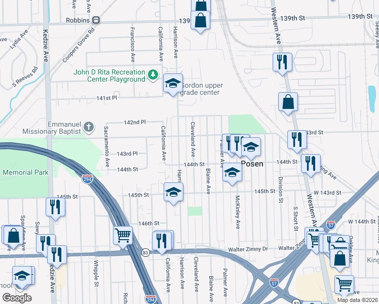 map of restaurants, bars, coffee shops, grocery stores, and more near 14326 Cleveland Avenue in Posen
