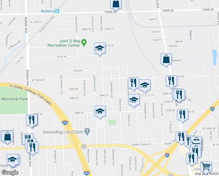 map of restaurants, bars, coffee shops, grocery stores, and more near 14326 Cleveland Avenue in Posen
