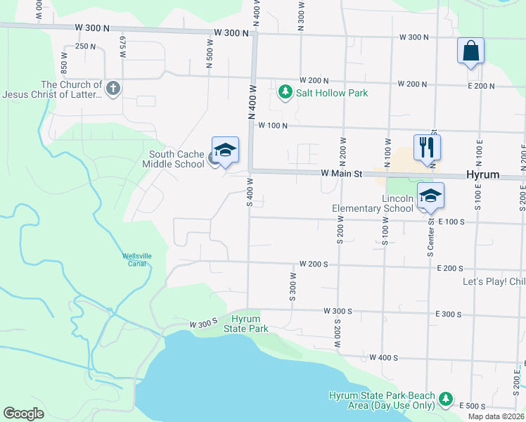 map of restaurants, bars, coffee shops, grocery stores, and more near 374 West 100 South in Hyrum