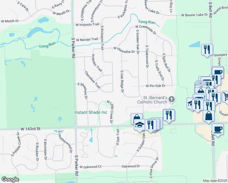 map of restaurants, bars, coffee shops, grocery stores, and more near 14105 South Kickapoo Trail in Homer Glen