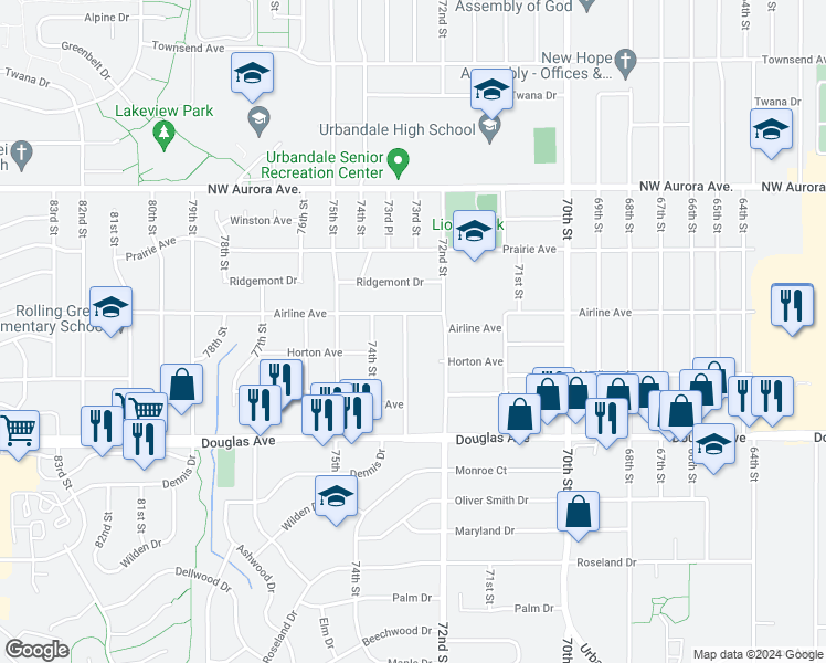 map of restaurants, bars, coffee shops, grocery stores, and more near 3919 73rd Street in Urbandale