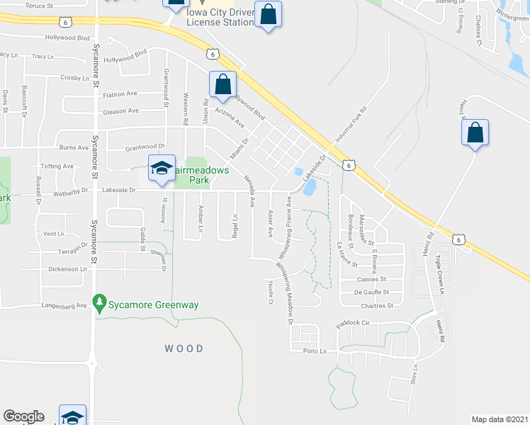 map of restaurants, bars, coffee shops, grocery stores, and more near 2433 Aster Ave in Iowa City