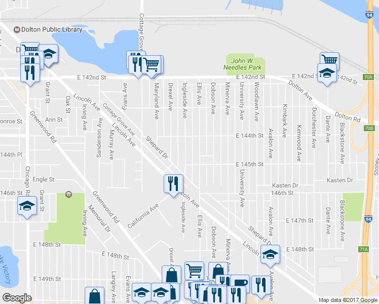 map of restaurants, bars, coffee shops, grocery stores, and more near 14427 Ingleside Ave in Dolton