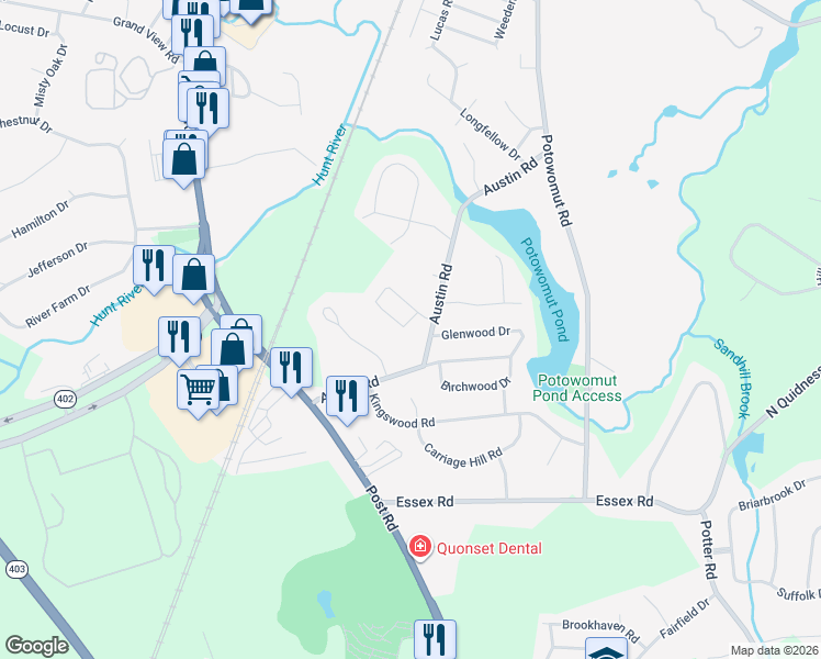 map of restaurants, bars, coffee shops, grocery stores, and more near 125 Apple Tree Court in North Kingstown