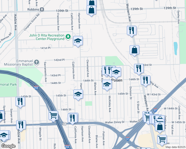 map of restaurants, bars, coffee shops, grocery stores, and more near 14328 Blaine Avenue in Posen