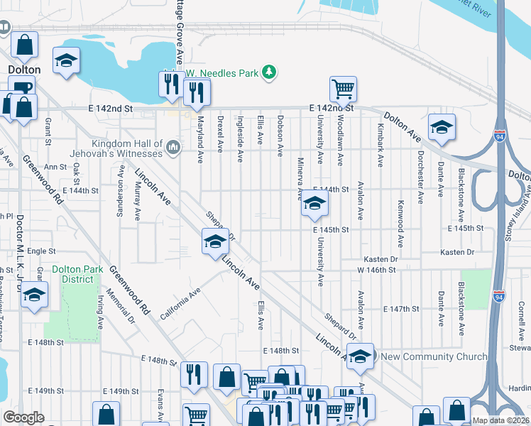 map of restaurants, bars, coffee shops, grocery stores, and more near 14429 Ellis Avenue in Dolton