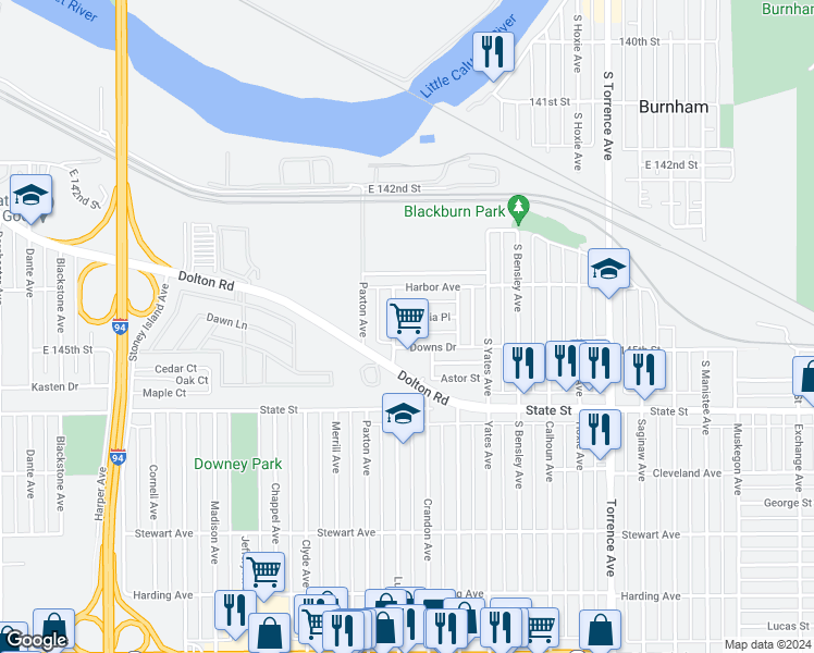 map of restaurants, bars, coffee shops, grocery stores, and more near 1681 Patricia Place in Calumet City