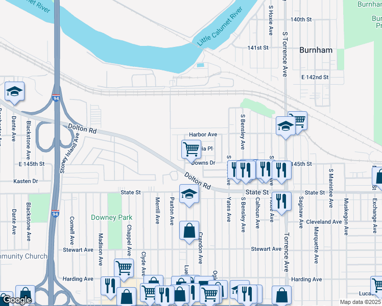 map of restaurants, bars, coffee shops, grocery stores, and more near 1673 Patricia Place in Calumet City