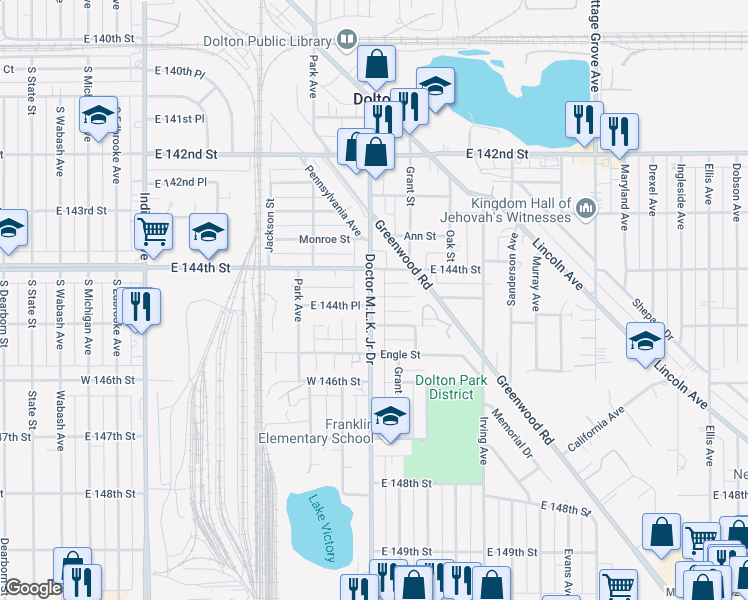 map of restaurants, bars, coffee shops, grocery stores, and more near 14427 Doctor Martin Luther King Junior Drive in Dolton