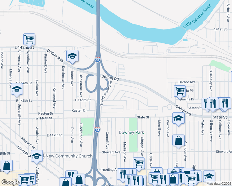 map of restaurants, bars, coffee shops, grocery stores, and more near 56 Dawn Lane in Calumet City