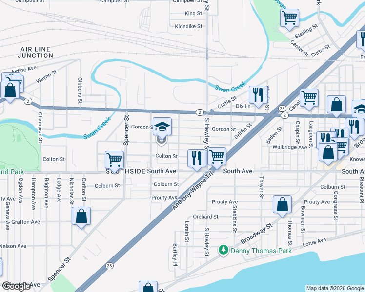 map of restaurants, bars, coffee shops, grocery stores, and more near 1153 Walbridge Avenue in Toledo