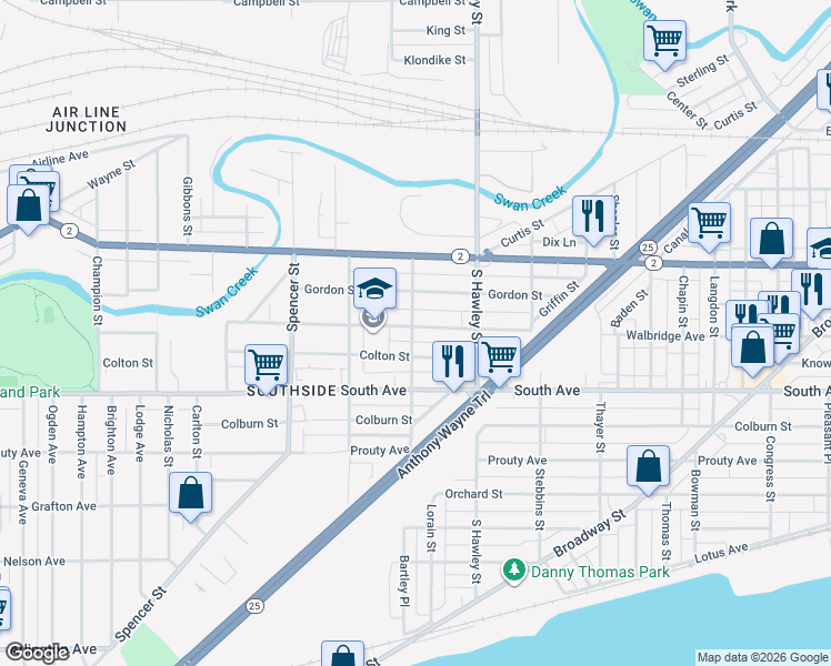 map of restaurants, bars, coffee shops, grocery stores, and more near 1153 Walbridge Avenue in Toledo