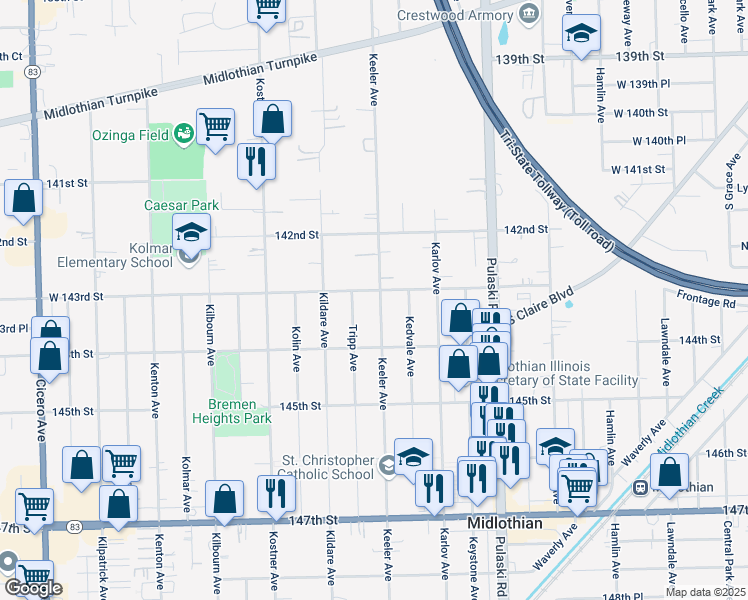 map of restaurants, bars, coffee shops, grocery stores, and more near 14304 Keeler Avenue in Midlothian