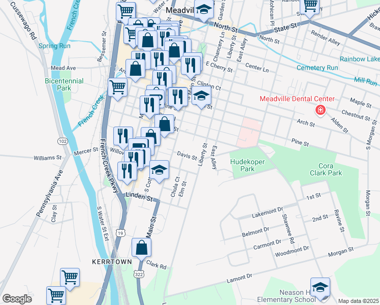 map of restaurants, bars, coffee shops, grocery stores, and more near 44007 Davis Street in Meadville