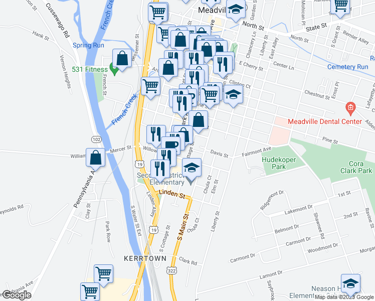 map of restaurants, bars, coffee shops, grocery stores, and more near 1132 South Cottage Street in Meadville