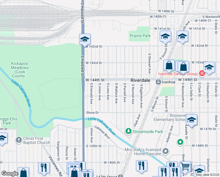 map of restaurants, bars, coffee shops, grocery stores, and more near 14421 South Lowe Avenue in Riverdale