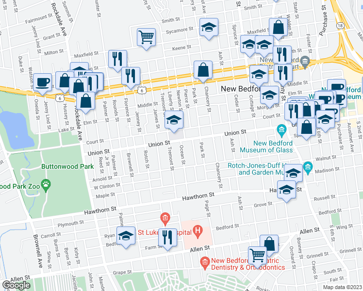 map of restaurants, bars, coffee shops, grocery stores, and more near 72 Ocean Street in New Bedford