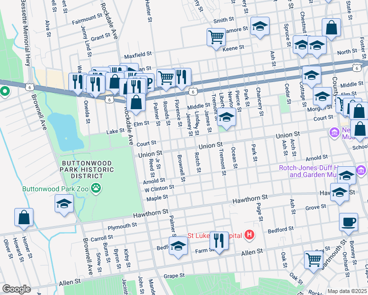 map of restaurants, bars, coffee shops, grocery stores, and more near 595 Union Street in New Bedford