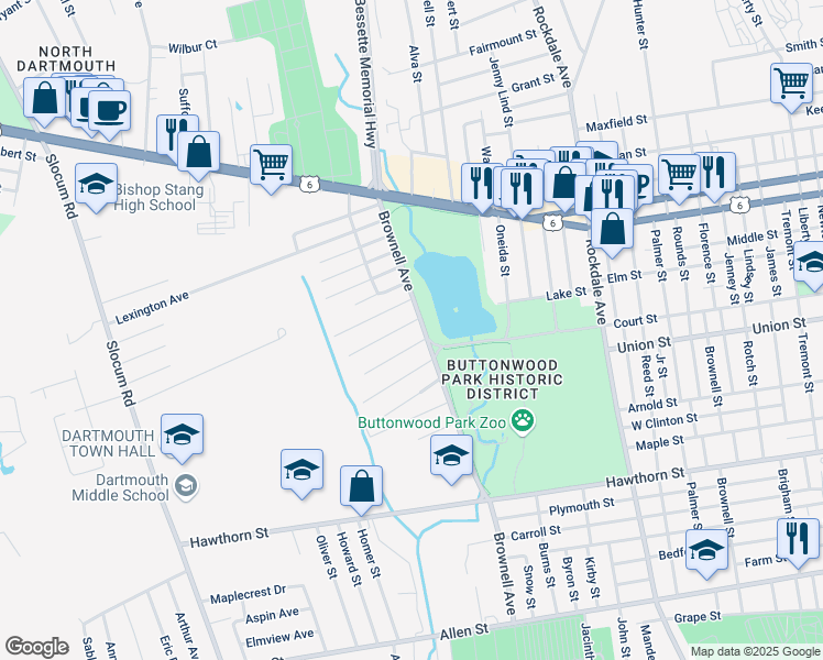 map of restaurants, bars, coffee shops, grocery stores, and more near 325 Brownell Ave in New Bedford
