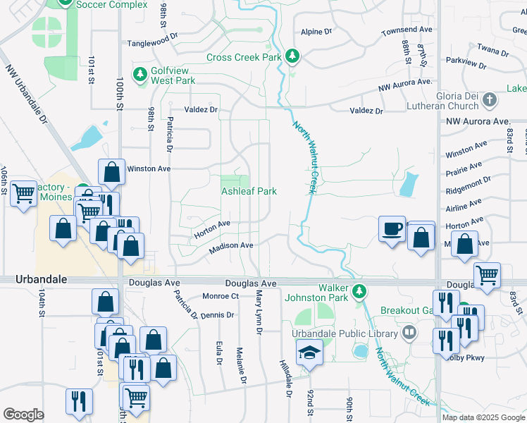 map of restaurants, bars, coffee shops, grocery stores, and more near 3916 Greenview Drive in Urbandale