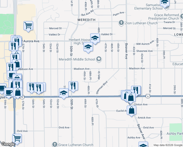 map of restaurants, bars, coffee shops, grocery stores, and more near 3925 48th Place in Des Moines