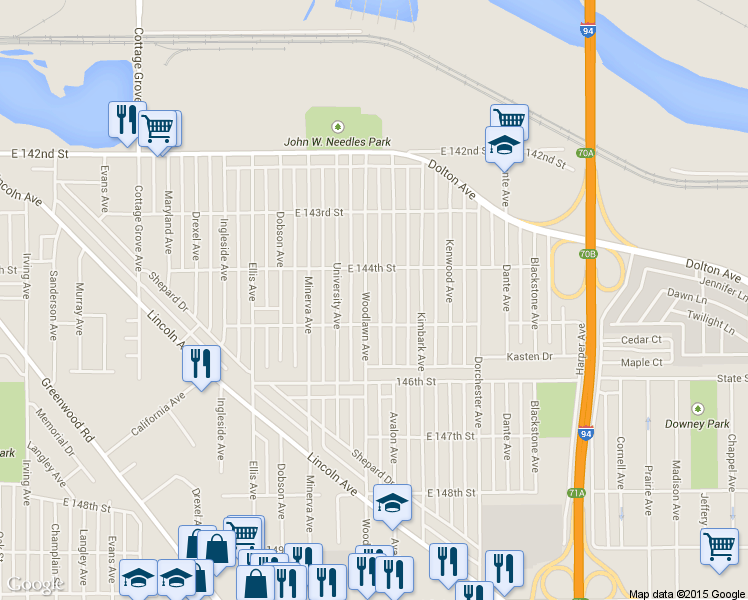 map of restaurants, bars, coffee shops, grocery stores, and more near 14427 Woodlawn Avenue in Dolton