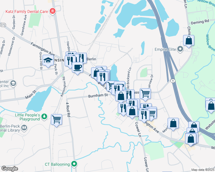 map of restaurants, bars, coffee shops, grocery stores, and more near 977 Farmington Avenue in Berlin