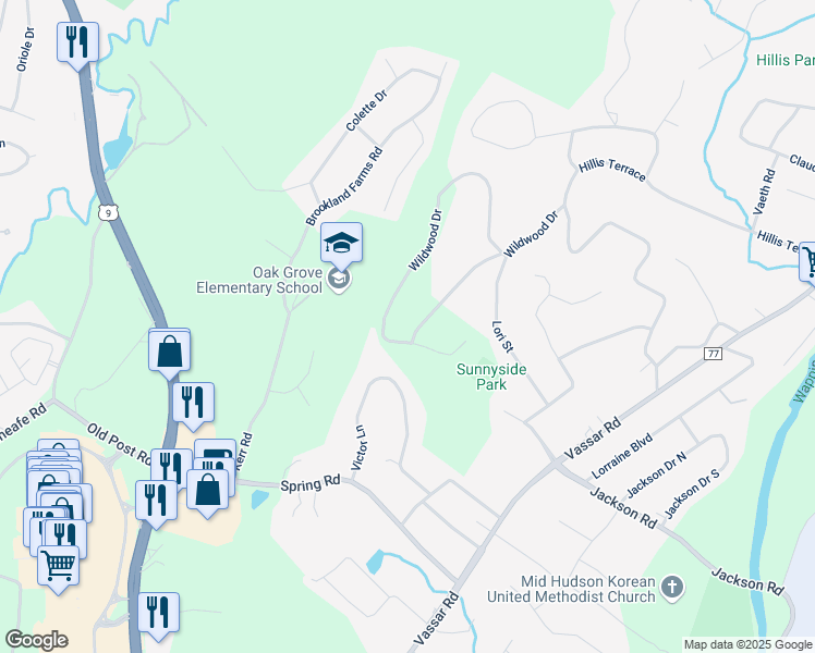 map of restaurants, bars, coffee shops, grocery stores, and more near 20 Wildwood Drive in Poughkeepsie