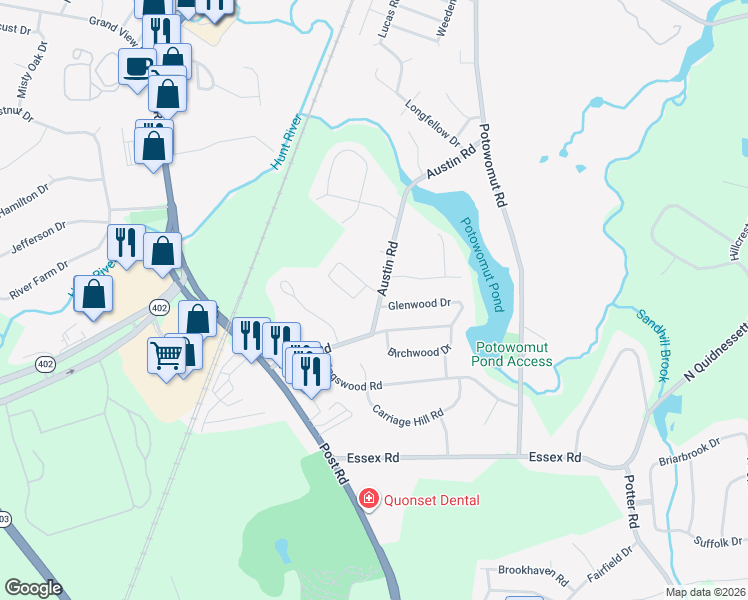 map of restaurants, bars, coffee shops, grocery stores, and more near 125 Apple Tree Court in North Kingstown