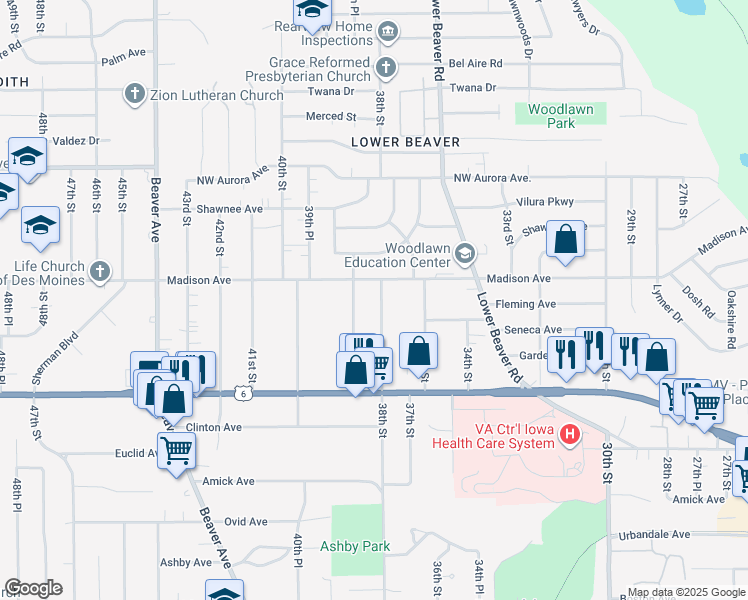 map of restaurants, bars, coffee shops, grocery stores, and more near 3930 38th St in Des Moines