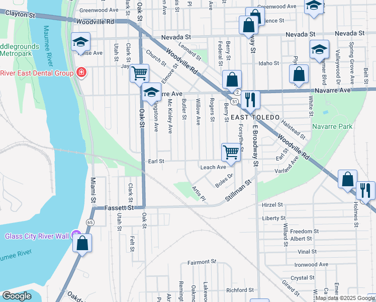 map of restaurants, bars, coffee shops, grocery stores, and more near 957 Butler Street in Toledo