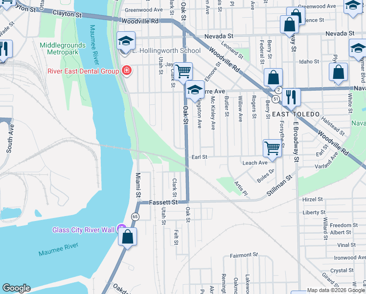map of restaurants, bars, coffee shops, grocery stores, and more near 961 Clark Street in Toledo