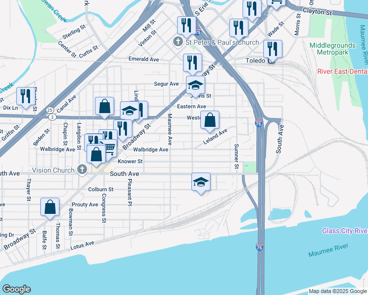 map of restaurants, bars, coffee shops, grocery stores, and more near 404 Walbridge Avenue in Toledo