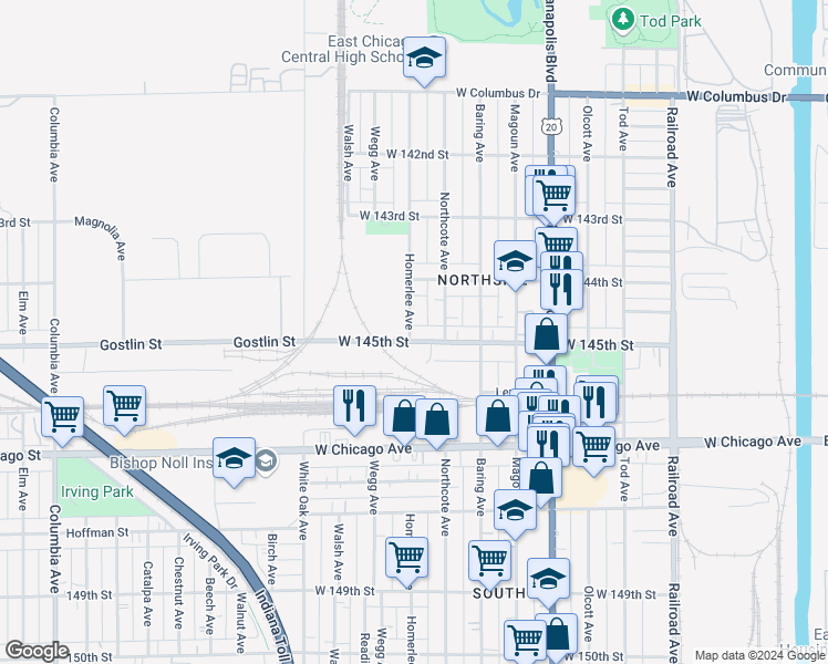 map of restaurants, bars, coffee shops, grocery stores, and more near 1120 West 145th Street in East Chicago