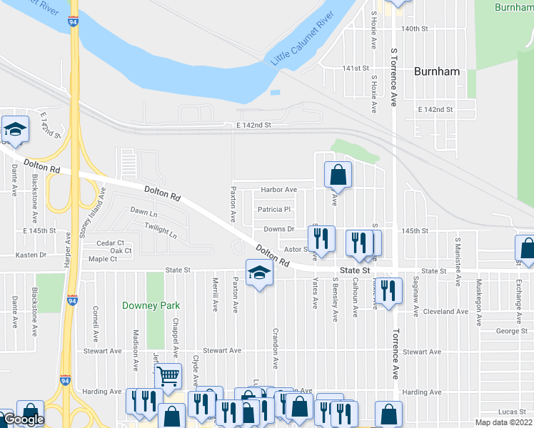 map of restaurants, bars, coffee shops, grocery stores, and more near 1673 Patricia Place in Calumet City