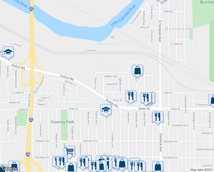 map of restaurants, bars, coffee shops, grocery stores, and more near 1673 Patricia Place in Calumet City