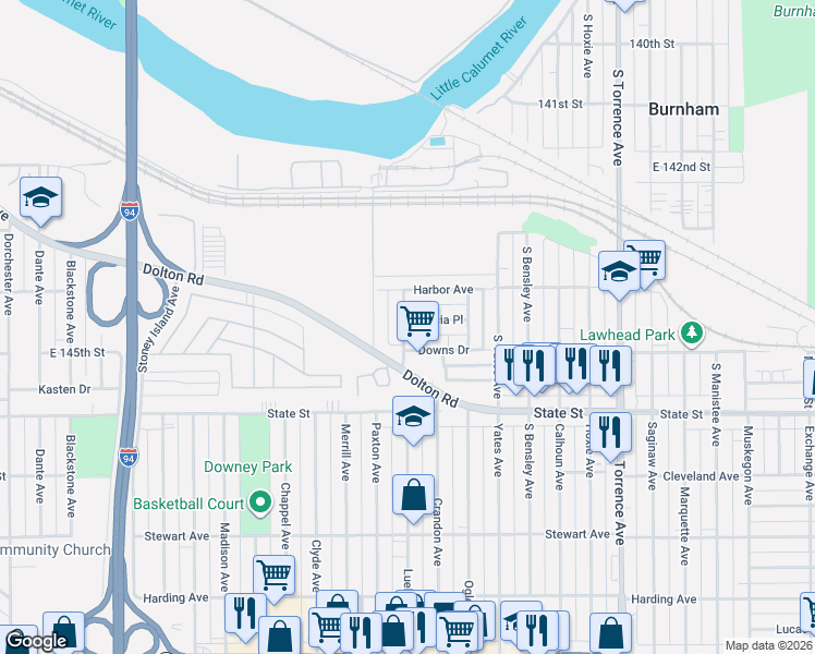 map of restaurants, bars, coffee shops, grocery stores, and more near 1673 Patricia Place in Calumet City