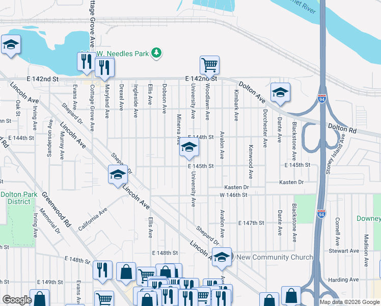 map of restaurants, bars, coffee shops, grocery stores, and more near 14428 University Avenue in Dolton