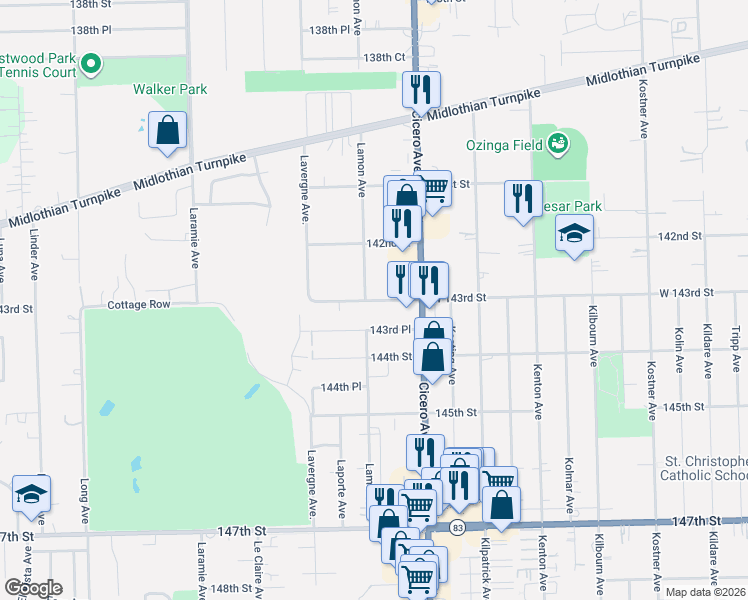 map of restaurants, bars, coffee shops, grocery stores, and more near 14259 Lamon Avenue in Midlothian