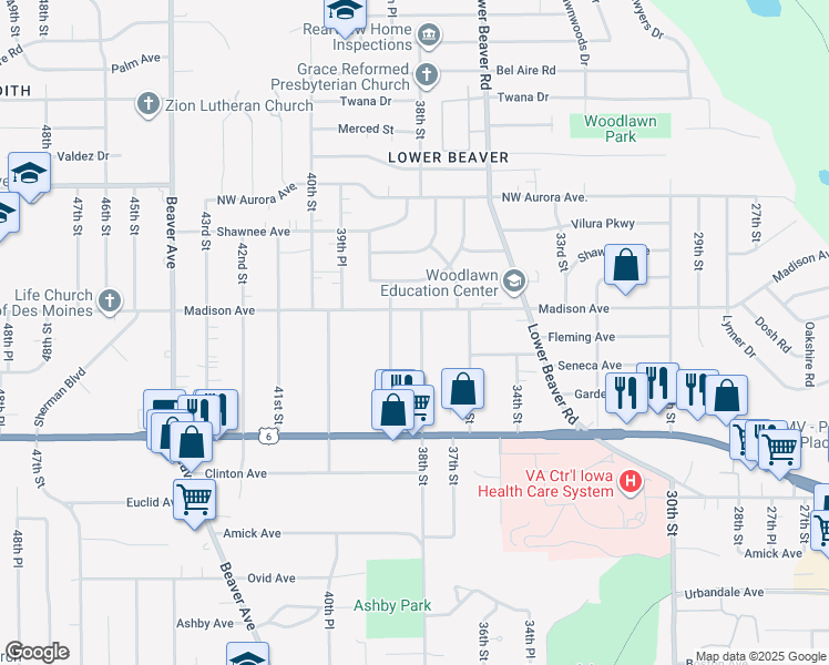 map of restaurants, bars, coffee shops, grocery stores, and more near 3930 38th Street in Des Moines